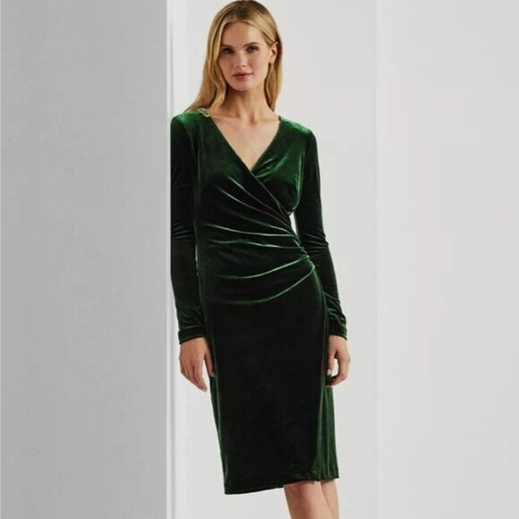 NWT Ralph Lauren Dark Season Green Stretch Velvet Surplice Dress Size 6 - Picture 1 of 9